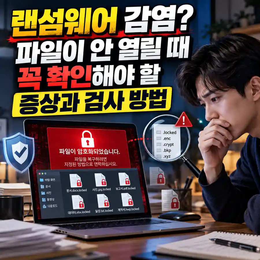 랜섬웨어 감염 증상과 검사 방법을 확인하는 안내 이미지