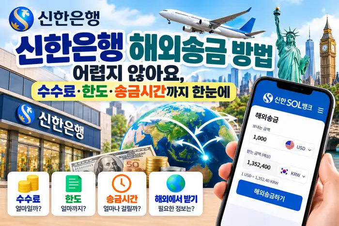신한은행 해외송금 방법과 수수료 한도 송금시간을 정리한 안내 이미지