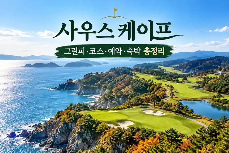 사우스 케이프의 푸른 남해 바다와 해안 절벽, 가을빛 숲이 어우러진 아름다운 골프 코스 전경
