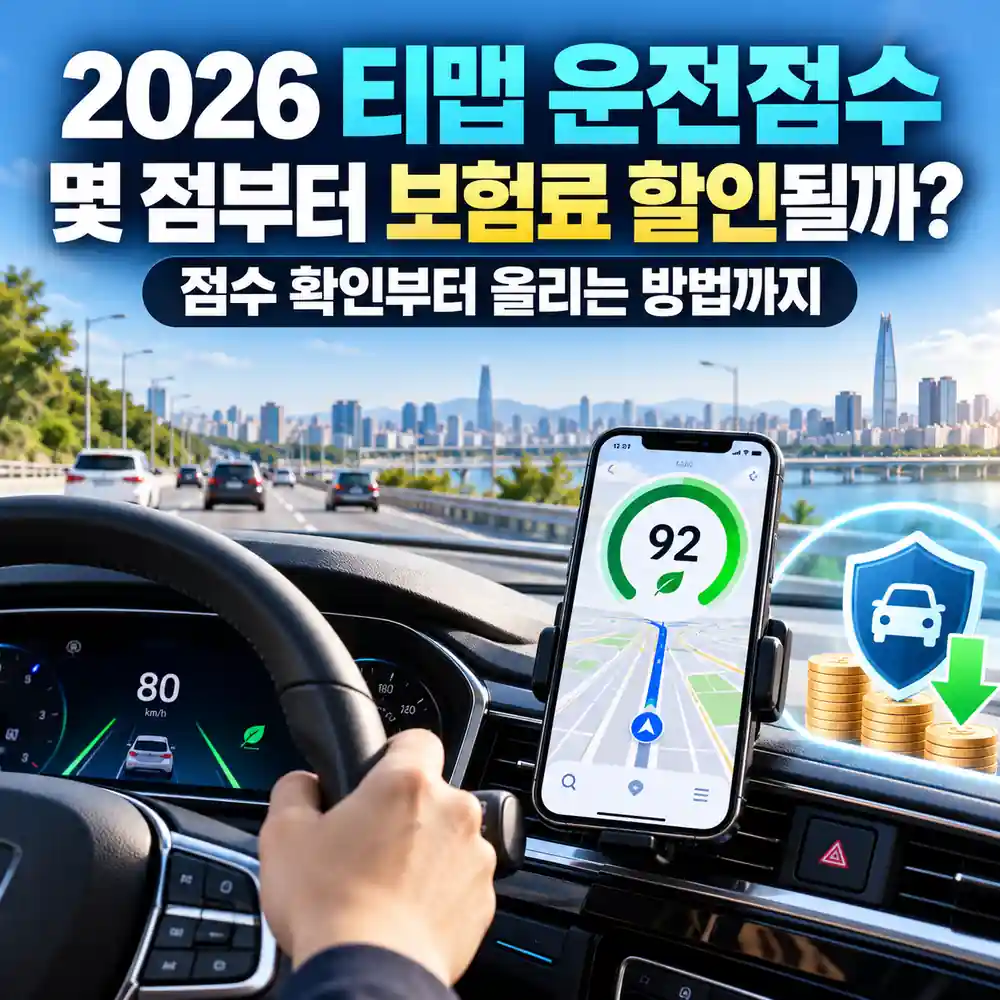 티맵 운전점수 92점이 표시된 내비게이션 화면과 자동차보험료 할인 안내 이미지