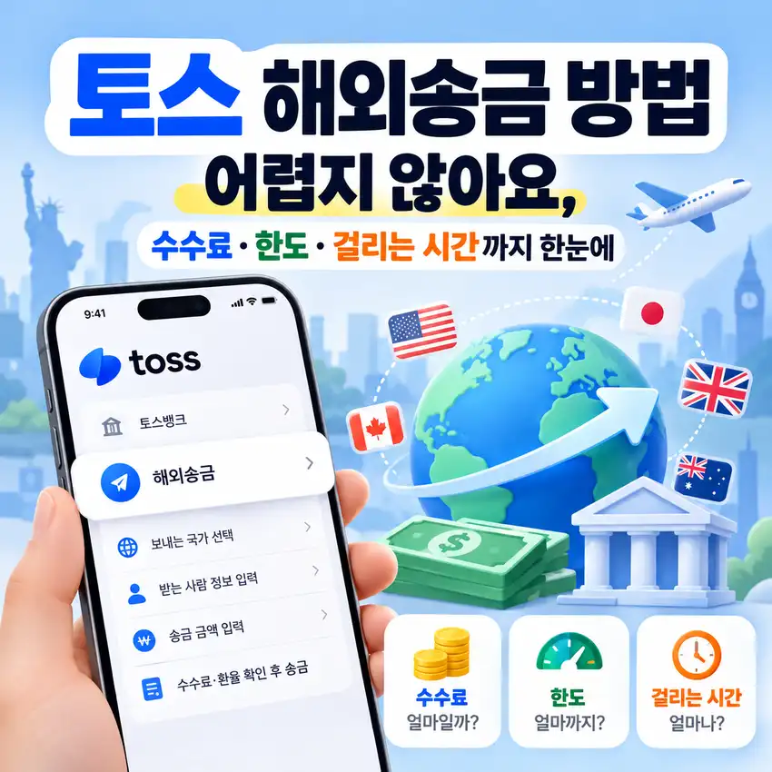 토스 해외송금 방법과 수수료 한도 걸리는 시간을 정리한 안내 이미지