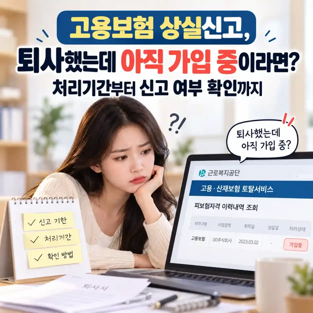 퇴사 후 고용보험 상실신고 처리기간과 신고 여부를 확인하는 여성의 모습