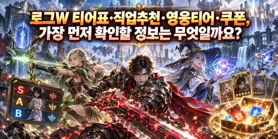 로그W 티어표와 직업추천, 영웅티어, 쿠폰 정보를 담은 판타지 게임 이미지