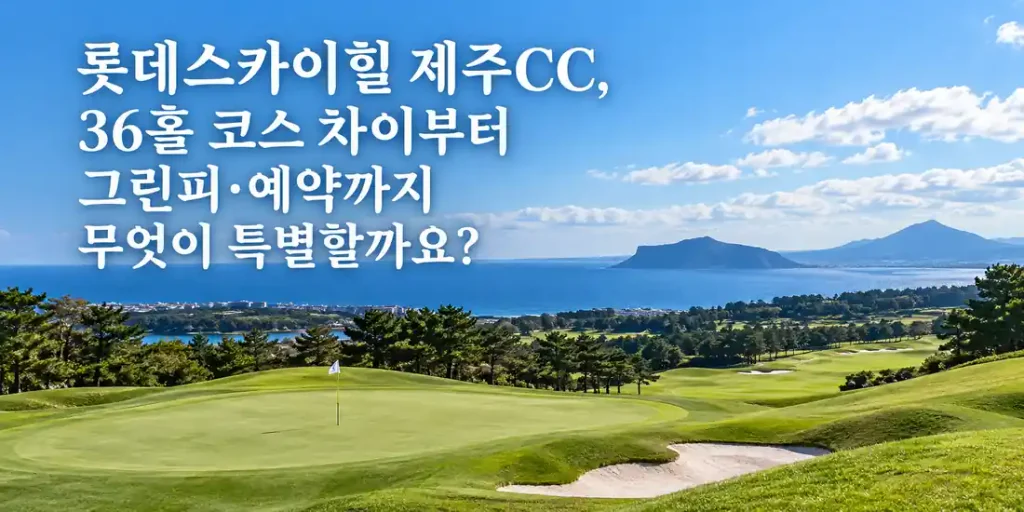 롯데스카이힐 제주CC의 푸른 바다와 아름다운 산을 배경으로 펼쳐진 초록빛 골프 코스 풍경을 표현한 이미지