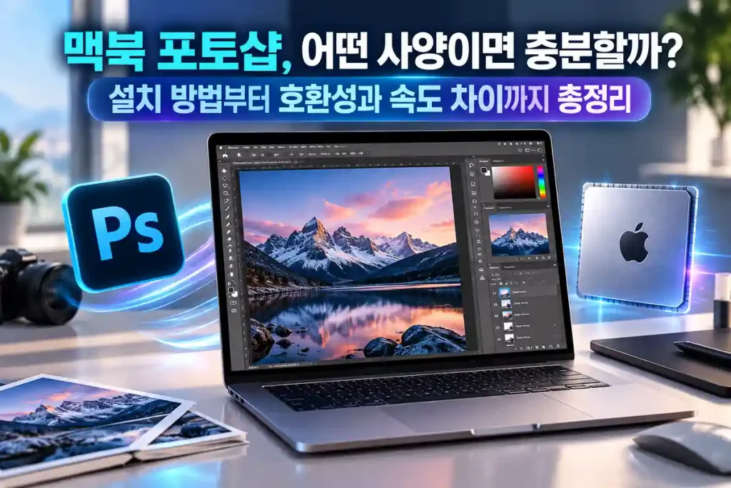 맥북 포토샵 실행 화면과 사진 편집 작업을 보여주는 이미지로, 맥북 권장 사양과 호환성 정보를 소개