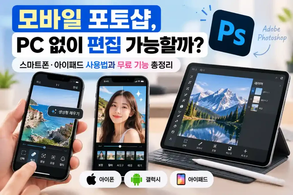 모바일 포토샵으로 아이폰과 갤럭시, 아이패드에서 사진을 편집하는 모습을 보여주는 이미지