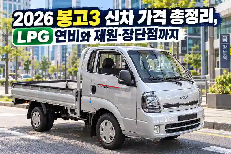 2026 봉고3 신차 가격과 LPG 연비 및 제원을 소개하는 도심 속 은색 봉고3 트럭