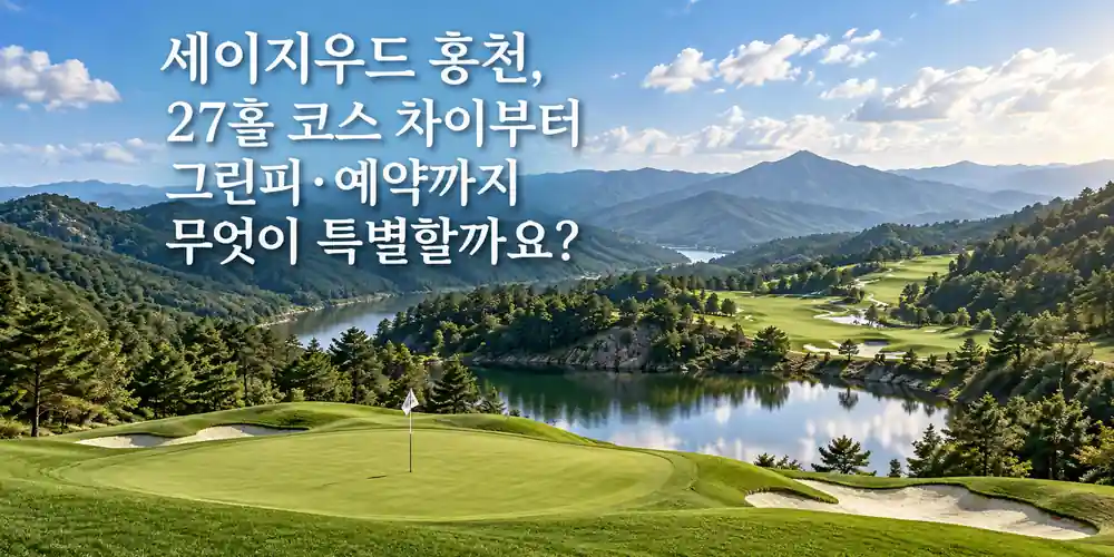 세이지우드 홍천의 푸른 산과 울창한 숲, 잔잔한 호수를 배경으로 펼쳐진 아름다운 골프 코스를 표현한 이미지