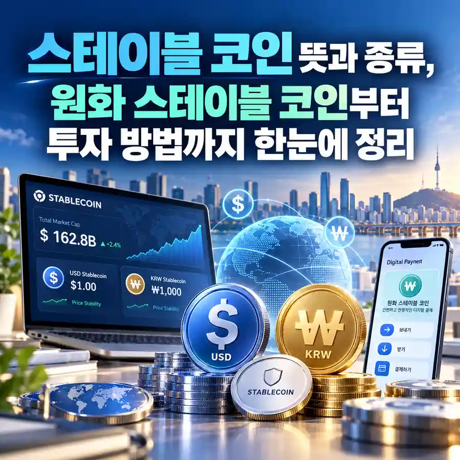 스테이블 코인 뜻과 종류, 원화 스테이블 코인과 투자 방법을 설명하는 이미지