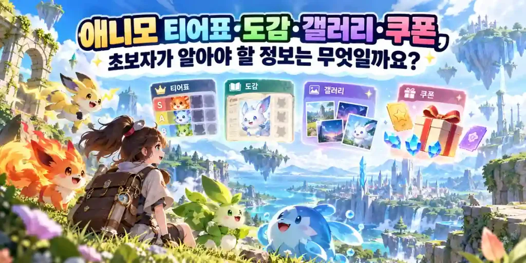 애니모 티어표와 도감, 갤러리, 쿠폰 정보를 담은 귀여운 몬스터와 판타지 모험 이미지