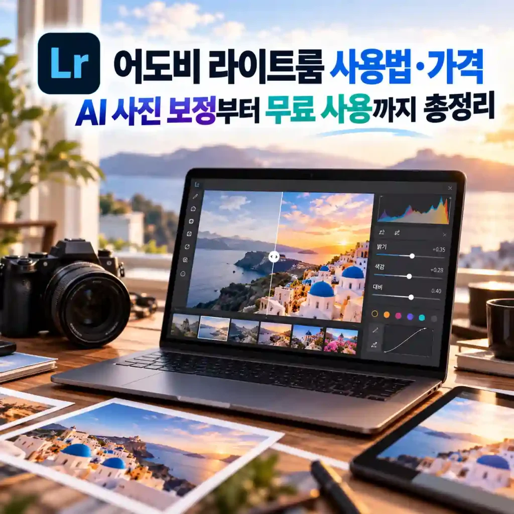 어도비 라이트룸을 활용해 여행 사진의 색감과 밝기를 보정하는 노트북 화면과 AI 사진 편집 기능