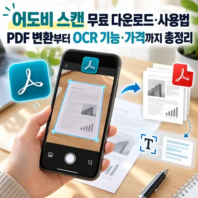 어도비 스캔으로 스마트폰에서 종이 문서를 촬영하고 PDF 변환과 OCR 문자 인식 기능을 사용하는 모습