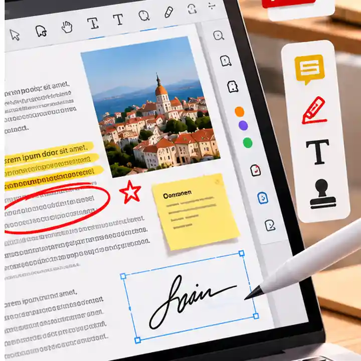 어도비 아크로뱃 리더로 PDF 문서의 중요한 내용을 강조하고 전자 서명을 추가하는 노트북 작업 모습
