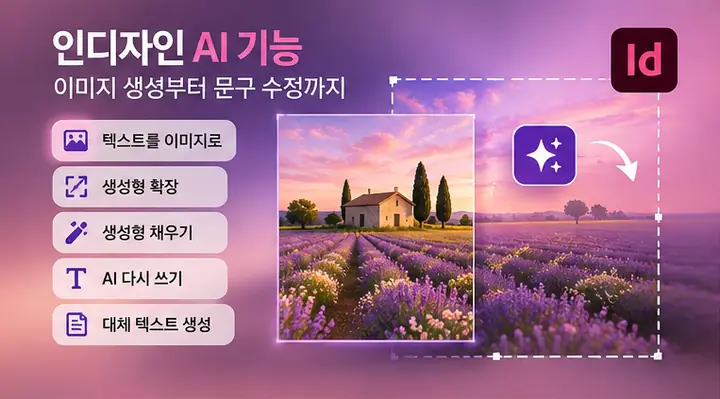 어도비 인디자인 AI 기능을 활용해 풍경 사진의 배경을 확장하고 이미지를 자연스럽게 편집하는 모습