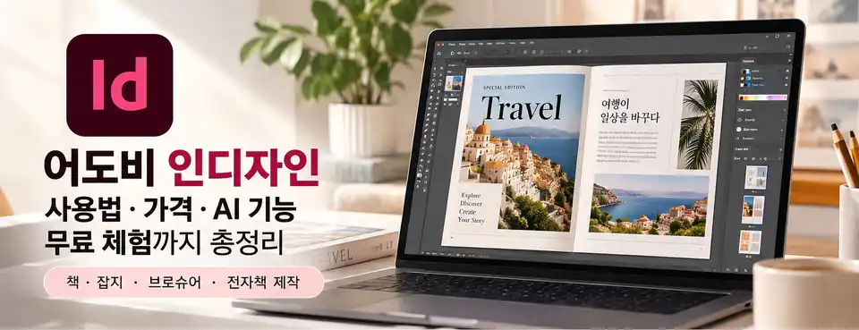 어도비 인디자인으로 여행 잡지의 글과 사진을 편집하는 노트북 화면과 책자 디자인 작업 모습