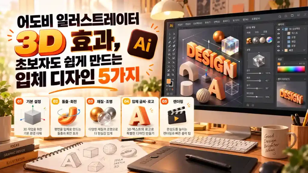 어도비 일러스트레이터 3D 효과로 입체 글씨와 로고를 만드는 방법을 소개하는 이미지로, 컴퓨터 화면에 3D 디자인과 재질·조명 설정 도구가 표시된 모습