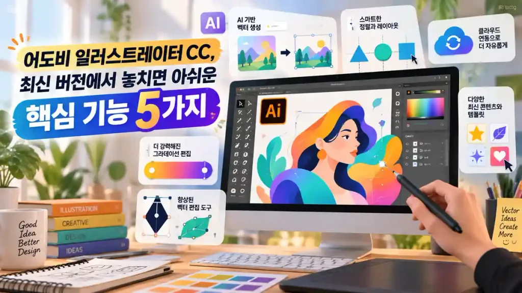 어도비 일러스트레이터 CC 최신 버전의 핵심 기능 5가지를 소개하는 이미지로, 컴퓨터 화면에 AI 벡터 디자인과 그레이디언트 편집, 클라우드 연동 기능이 표시된 모습
