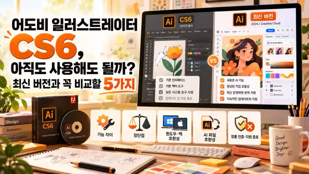 어도비 일러스트레이터 CS6와 최신 버전의 기능, 운영체제 호환성, AI 파일 저장 방식 등 핵심 차이 5가지를 비교하는 이미지