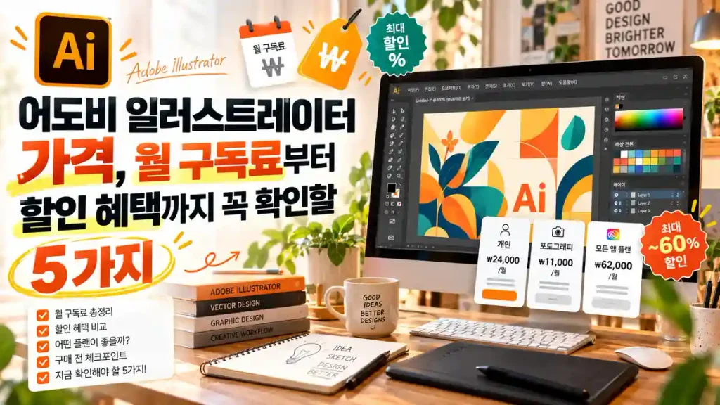 어도비 일러스트레이터 가격과 월 구독료, 할인 혜택 5가지를 소개하는 이미지로, 컴퓨터 디자인 작업 화면과 요금제 비교 카드가 표시된 모습