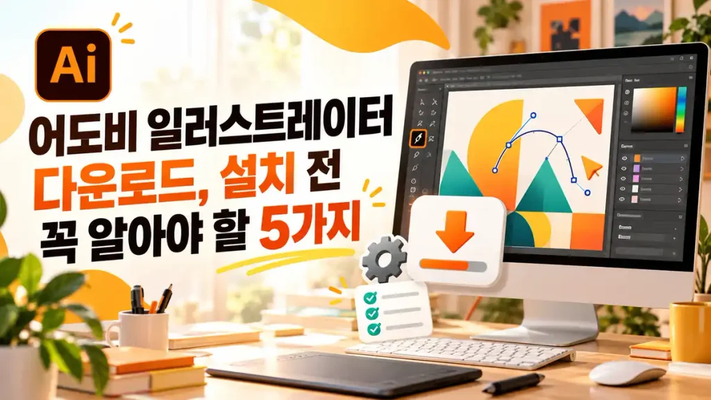 어도비 일러스트레이터 다운로드와 설치 전 꼭 알아야 할 5가지를 소개하는 이미지로, 컴퓨터 화면에 디자인 작업 도구와 다운로드 아이콘이 표시된 모습