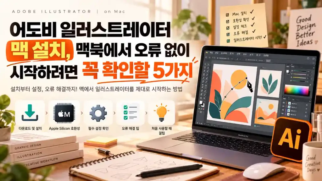 어도비 일러스트레이터 맥 설치 방법과 맥북에서 꼭 확인해야 할 5가지를 소개하는 이미지로, 맥북 화면에 디자인 프로그램과 설치·호환성 확인 아이콘이 표시된 모습