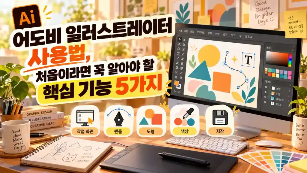 어도비 일러스트레이터 사용법과 초보자가 알아야 할 핵심 기능 5가지를 소개하는 이미지로, 컴퓨터 화면에 펜툴과 도형, 색상 편집 도구가 표시된 모습