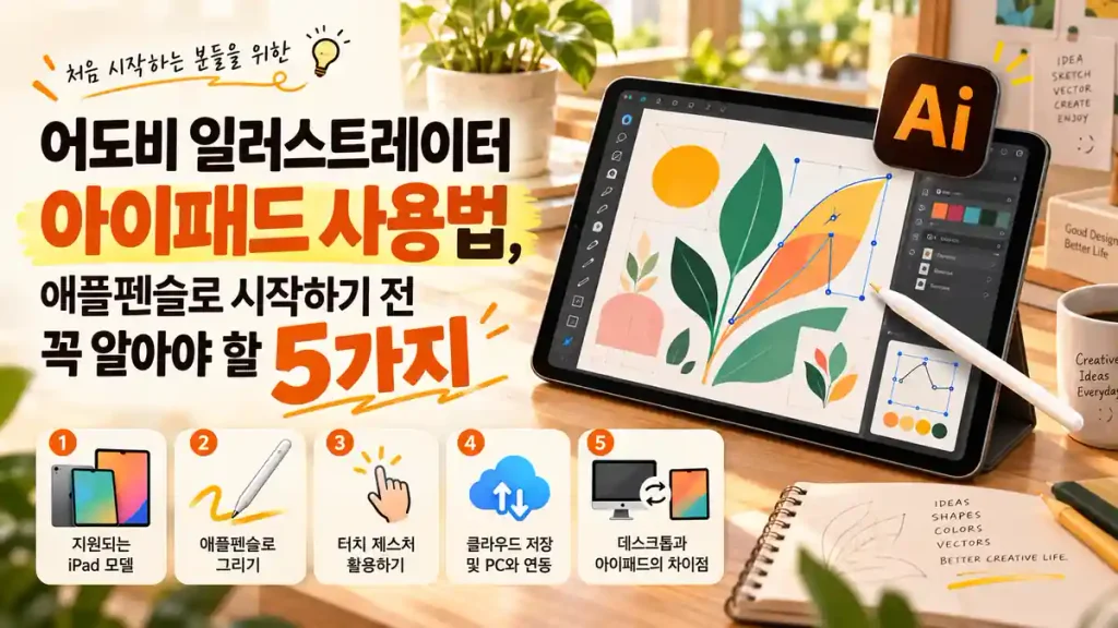 어도비 일러스트레이터 아이패드 사용법과 애플펜슬 활용에 필요한 핵심 기능 5가지를 소개하는 이미지로, 아이패드 화면에 벡터 디자인과 편집 도구가 표시된 모습