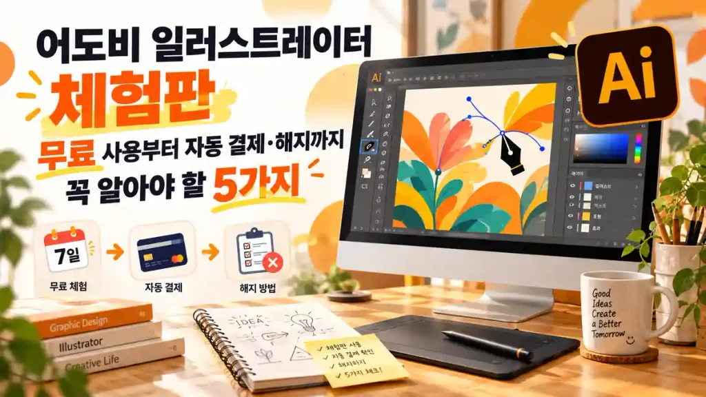어도비 일러스트레이터 체험판의 7일 무료 사용부터 자동 결제와 해지 방법까지 알아야 할 5가지를 소개하는 이미지로, 디자인 작업 화면과 무료 체험 아이콘이 표시된 모습