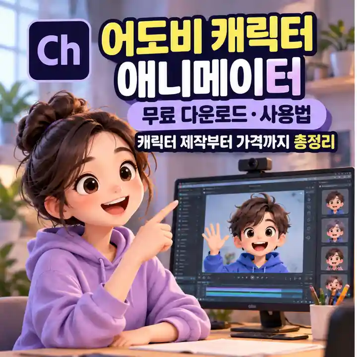어도비 캐릭터 애니메이터로 2D 캐릭터를 제작하고 무료 다운로드와 사용법을 소개하는 애니메이션 작업 화면