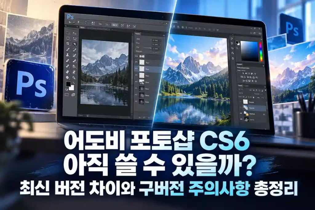 어도비 포토샵 CS6와 최신 포토샵의 사진 편집 화면을 비교하고 구버전 사용 시 주의사항을 소개하는 이미지