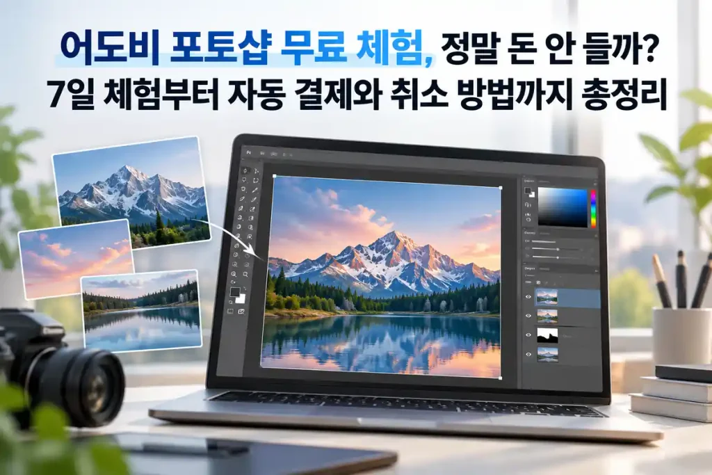 어도비 포토샵 무료 체험 7일 이용 기간과 자동 결제 및 취소 방법을 소개하는 이미지