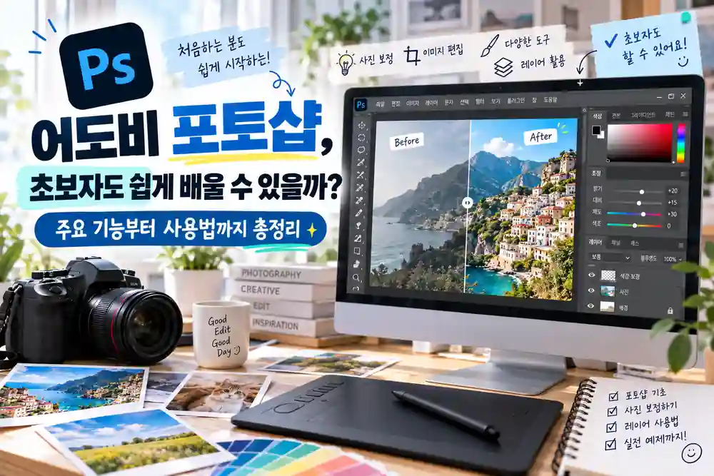 어도비 포토샵 초보자 사용법과 주요 기능을 소개하는 사진 보정 전후 비교 이미지