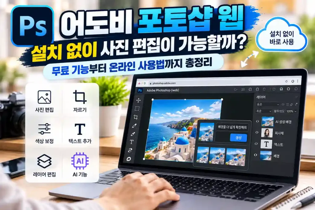 어도비 포토샵 웹을 이용해 노트북 브라우저에서 사진을 편집하는 모습과 주요 편집 기능을 보여주는 이미지