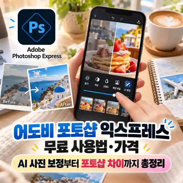 어도비 포토샵 익스프레스로 스마트폰에서 음식 사진의 밝기와 색감을 보정하는 모습