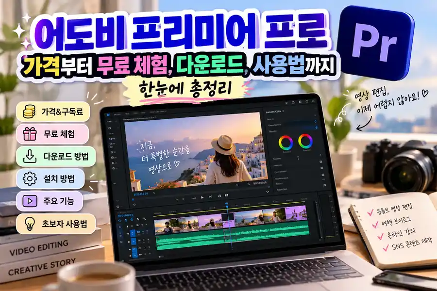 어도비 프리미어 프로 가격과 무료 체험, 다운로드 및 영상 편집 사용법을 소개하는 이미지