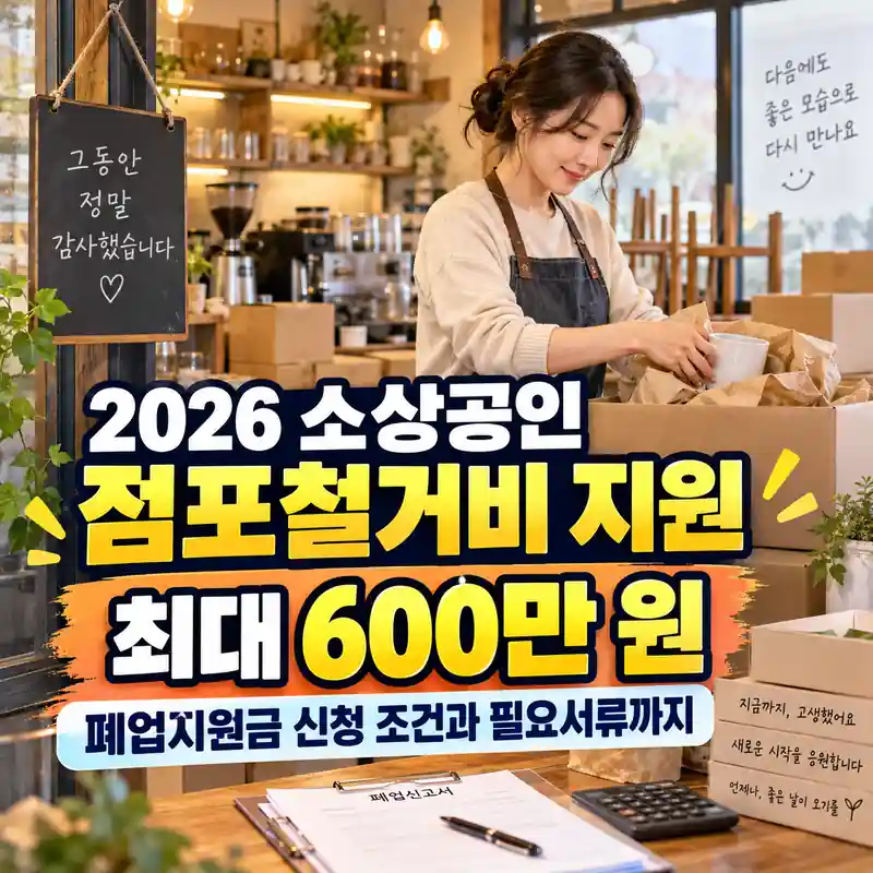 2026 소상공인 점포철거비 지원 최대 600만 원과 신청 조건을 안내하는 가게 정리 중인 소상공인의 모습