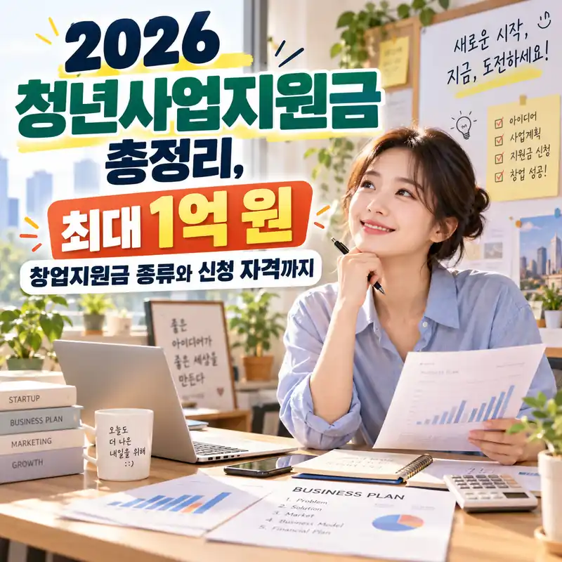 2026 청년사업지원금 최대 1억 원과 창업지원금 신청 자격을 소개하는 청년 창업자의 사업계획 준비 모습