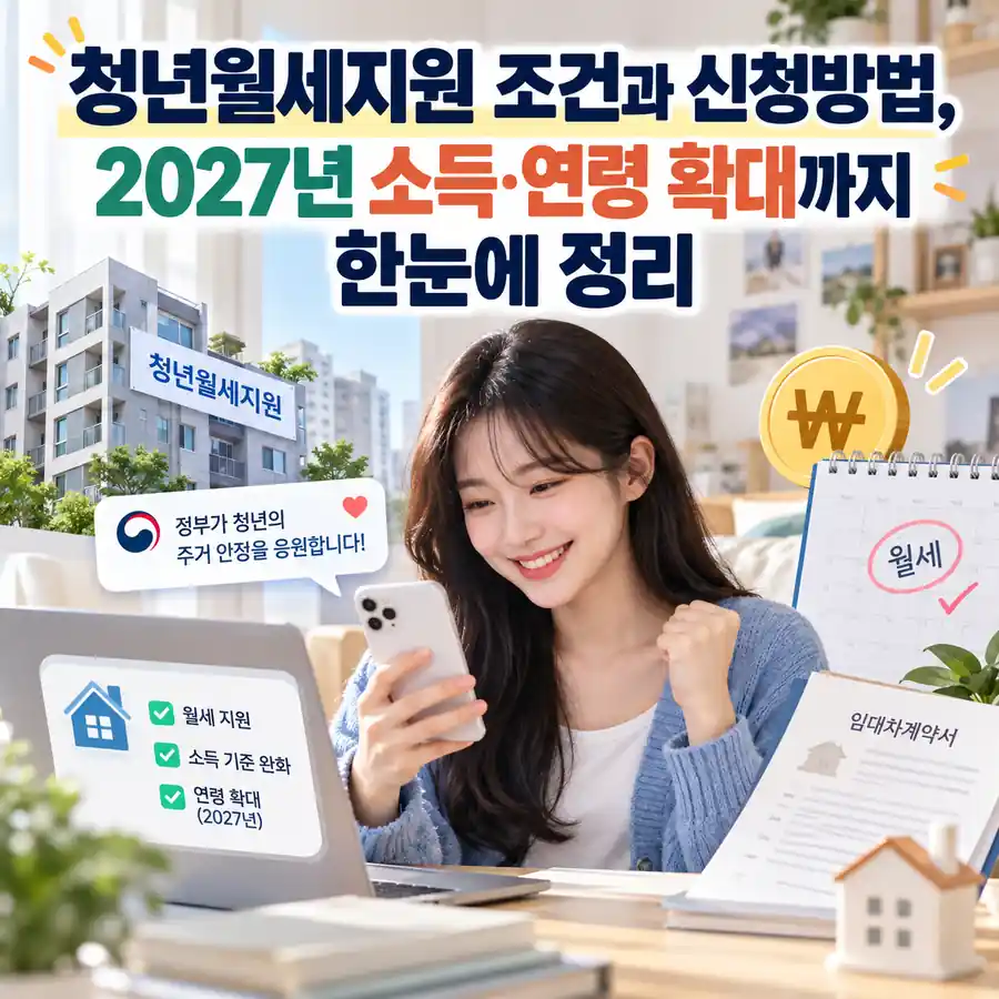 청년월세지원 조건과 신청방법, 2027년 소득·연령 확대 내용을 안내하는 이미지