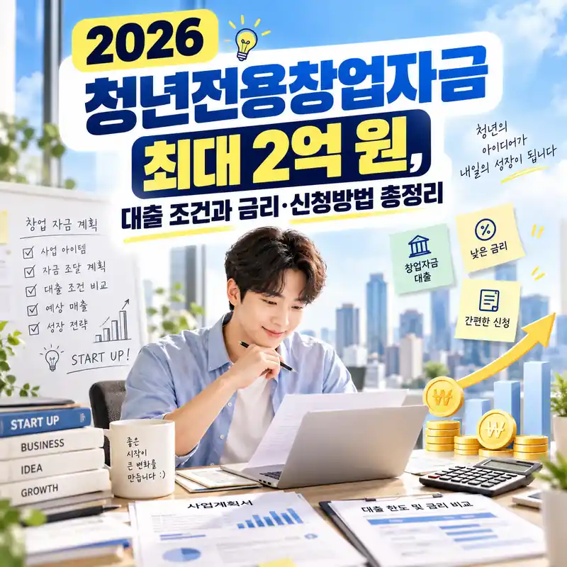 2026 청년전용창업자금 최대 2억 원의 대출 조건과 금리, 신청방법을 소개하는 청년 창업자의 자금계획 준비 모습