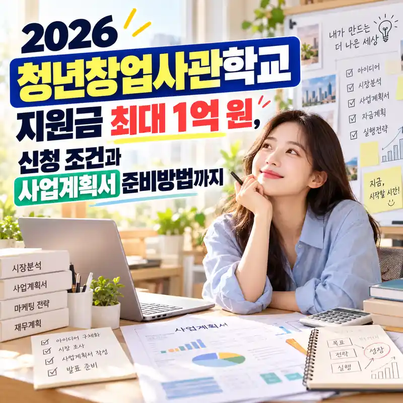 2026 청년창업사관학교 지원금 최대 1억 원과 신청 조건을 소개하는 청년 창업자의 사업계획서 준비 모습