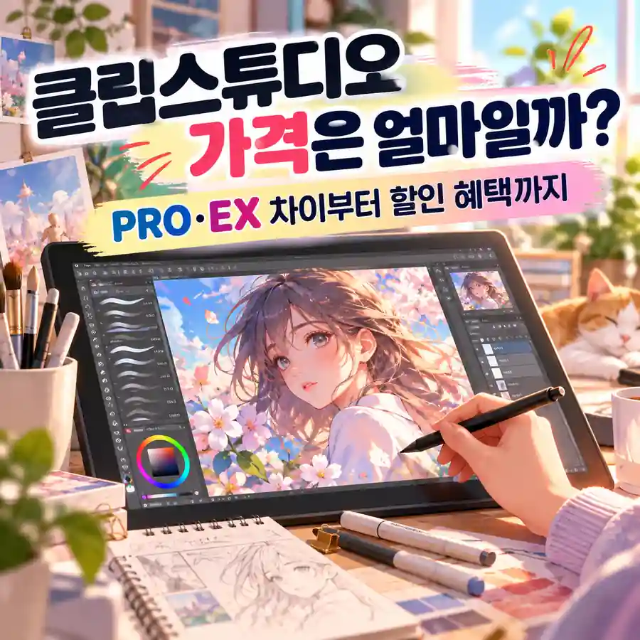 클립스튜디오 가격과 PRO·EX 차이, 할인 혜택을 소개하는 디지털 드로잉 이미지