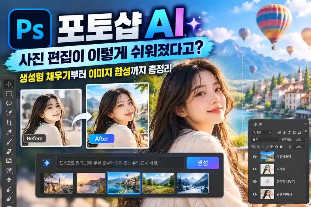 포토샵 AI 생성형 채우기를 활용해 인물 사진의 배경을 변경하고 이미지를 합성한 전후 비교 이미지