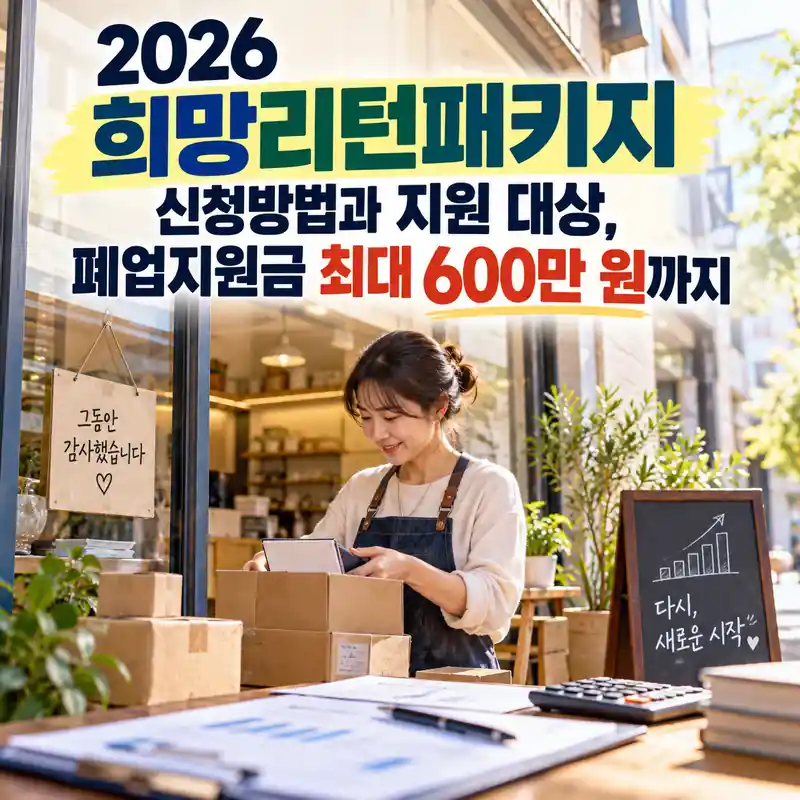 2026 희망리턴패키지 신청방법과 폐업지원금 최대 600만 원을 안내하는 가게 정리 중인 소상공인의 모습