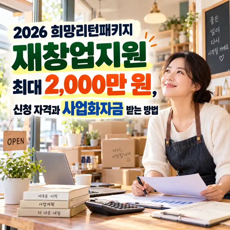 2026 희망리턴패키지 재창업지원 최대 2,000만 원과 사업화자금 신청방법을 소개하는 창업 계획을 준비하는 소상공인의 모습